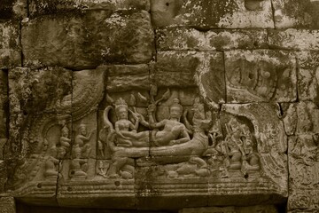 Carvings on the walls of Angkor Wat Temples in Siem Reap, Cambodia