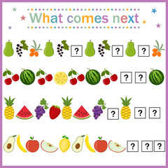 Math puzzle fruit, for children's development, which object is next in a row, color vector illustration flat style, education, score, tutorial design, clipart