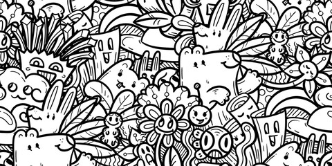 Kawaii doodle smiling monsters seamless pattern for child prints, designs and coloring books. Food, animals, robots, flowers