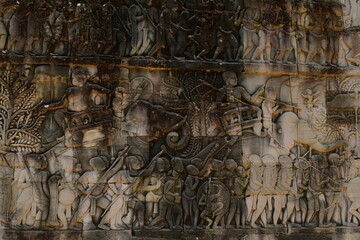 Carvings on the walls of Angkor Wat Temples in Siem Reap, Cambodia