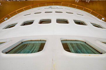 Famous Cunard oceanliner, cruiseship or cruise ship liner QM2 Queen Mary 2 in port on grey, rainy...