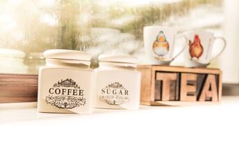 Coffee, sugat and tea container in self catering cottage - B&B business, hospitality