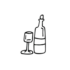 hand drawn wine bottle and glass logo in doodle style.black and white logo for factory wine shop.Bottle of wine, glass.Doodle, sketch, hand drawing. Vector wine minimalistic picture,poster, postcard. 
