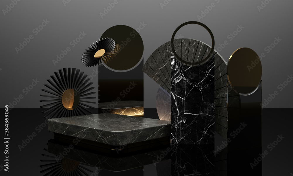 Poster black podium 3d rendering used for additional product, minimal style with geometric shape in black c