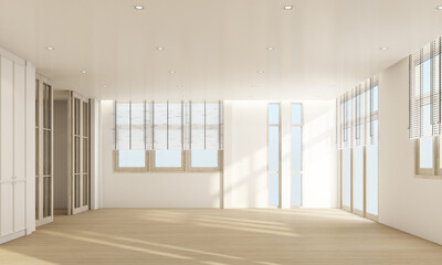 Stylish living room interior with wooden floor and curtain with white wall 3d rendering