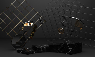 Black podium 3d rendering used for additional product, Minimal style with geometric shape in black colour tone and gold