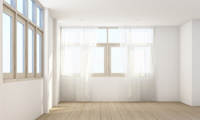 Stylish living room interior with wooden floor and curtain with white wall 3d rendering