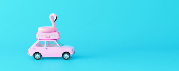 Pink car with luggage and flamingo on pastel blue background. Creative minimal summer concept idea 3D Render 3D illustration - obrazy, fototapety, plakaty