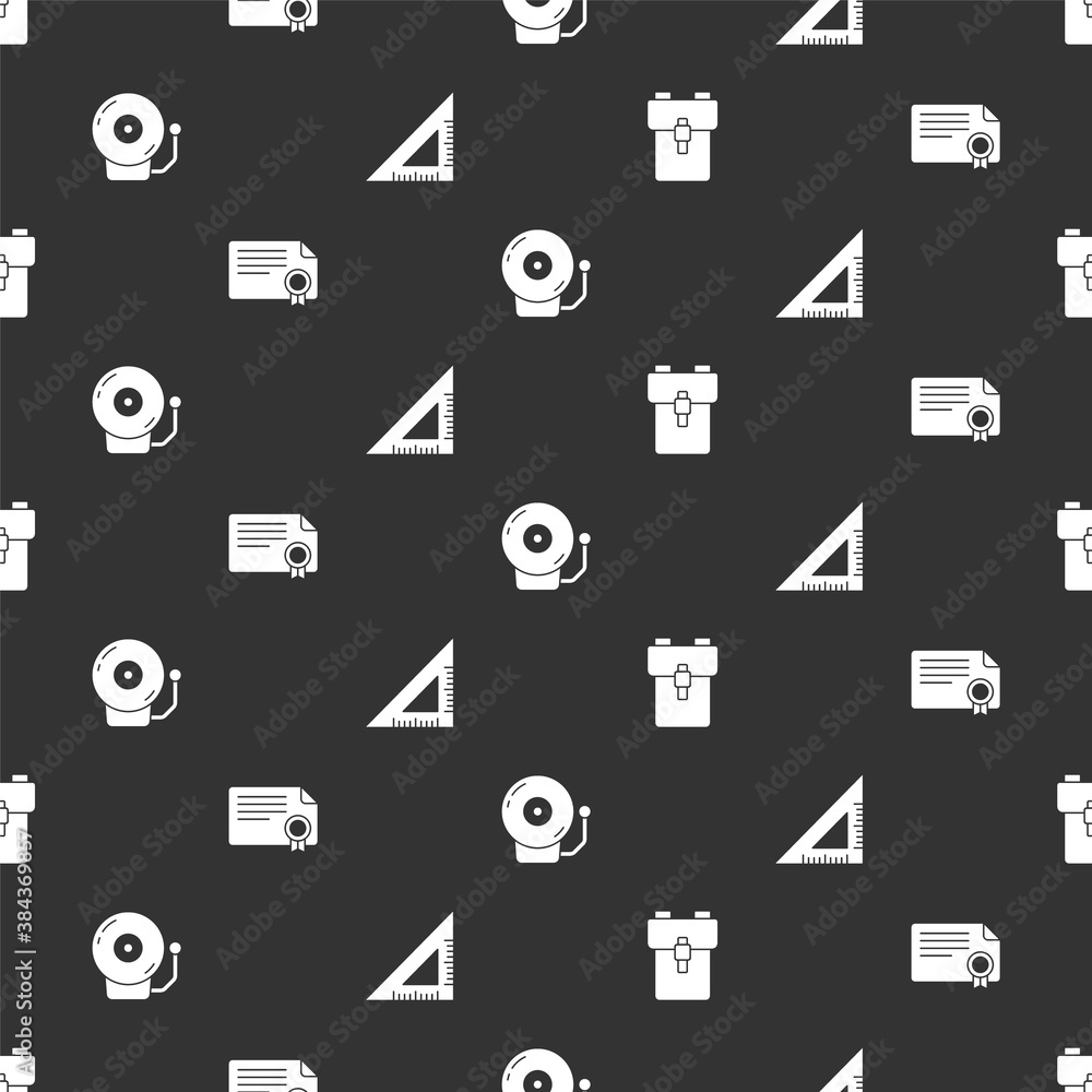 Poster set school backpack, certificate template, ringing alarm bell and triangular ruler on seamless patte