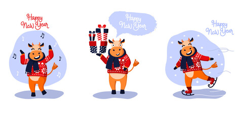 Set of three festive bulls. symbol of the new year 2021. EPS 10