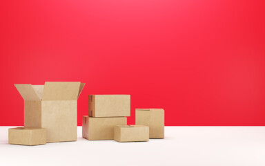 Boxes on a red background, 3d render, one of the open, Packaging.