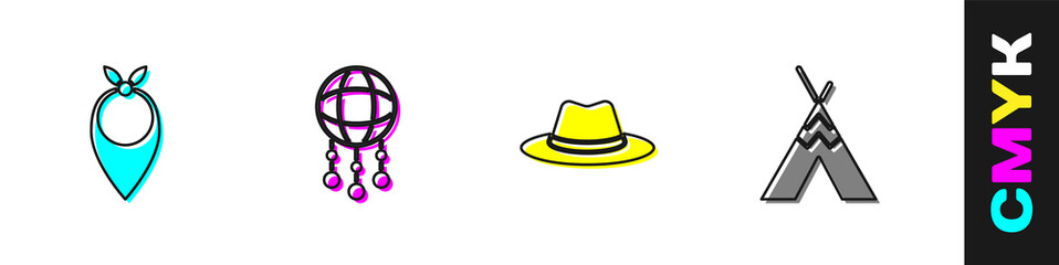 Set Cowboy bandana, Dream catcher with feathers, Western cowboy hat and Indian teepee or wigwam icon. Vector. © Vadim