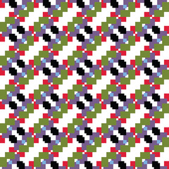 Vector seamless pattern texture background with geometric shapes, colored in purple, red, green, blue, black, white colors.