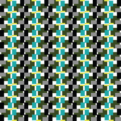 Vector seamless pattern texture background with geometric shapes, colored in blue, yellow, green, black, grey, white colors.