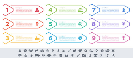 Infographic design business concept vector illustration with 9 steps or options or processes represent work flow or diagram or web button banner