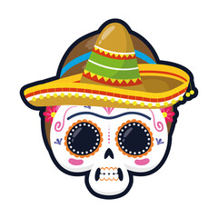 traditional mexican woman skull head with mariachi hat flat style icon