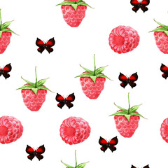 Seamless pattern illustration with ruspberry and butterflies isolated on white background - 384372056