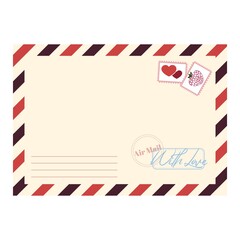 Blank envelope with postal stamps. Letter vector illustration in flat cartoon style.  Modern clip-art element for web and print. Post office and communication concept. Isolated on white.