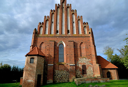 built at the end of the 14th century in the Gothic style, the Catholic Church of Our Lady of Victory in Łabędnik in Warmia and Masuria, Poland September 2020 general views and close-ups of architectur