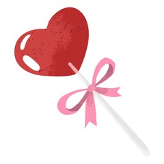 Vector illustration of red Valentine's heart lollipops isolated on a white background. Pink candy with heart shape on a stick. Happy Valentines Day  lolly in cartoons flat style. 