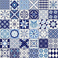 Vector seamless tile pattern. Abstract background. Ceramic tiles. Indigo blue flower azulejos decoration