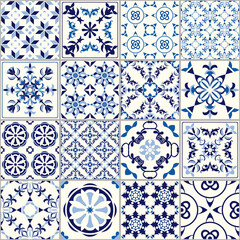 Vector seamless tile pattern. Abstract background. Ceramic tiles. Indigo blue flower azulejos decoration