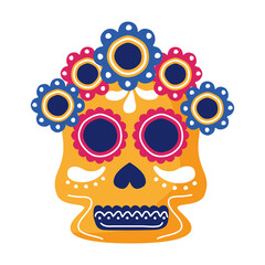 traditional mexican skull head with flowers flat style icon
