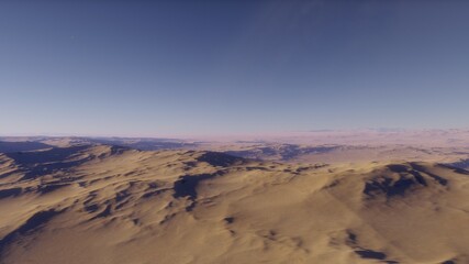 Beautiful alien landscape, panorama of the surface of a fantasy planet, unknown world in space. 3D Render