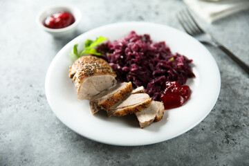 Roasted duck breast with red cabbage
