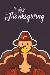 happy thanksgiving day celebration with turkey wearing pilgrim hat and lettering
