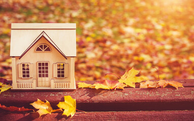 The symbol of the house stands among the fallen autumn leaves
