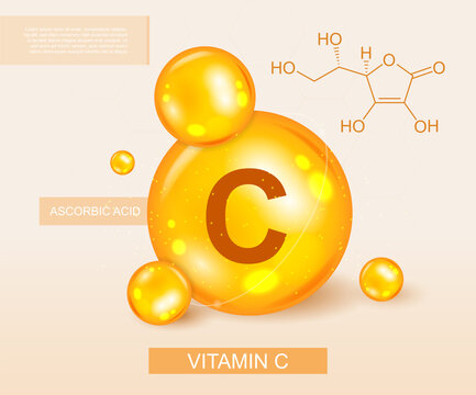 Colorful banner depicting vitamin C and its chemical formula. Vector illustration