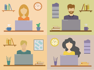 Set of people in office. Computer work. Flat vector illustrations.