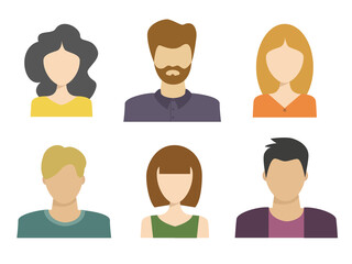 Male and female torsos. Six portraits of people. Set of flat vector icons.