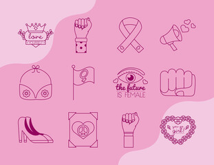 bundle of feminism line style icons in pink background