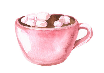 Watercolor illustration of a pink cup of hot cocoa with marshmallow. Christmas cozy drink