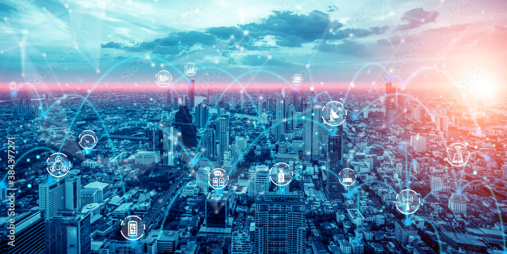 Poster advanced communication and global internet network connection in smart city . concept of future 5g w