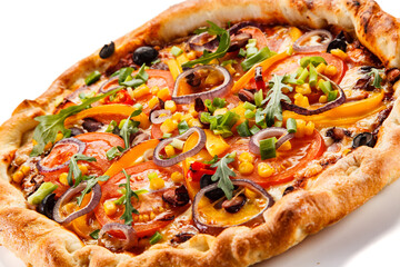Pizza with ham, mozzarella, champignon and corn on white background

