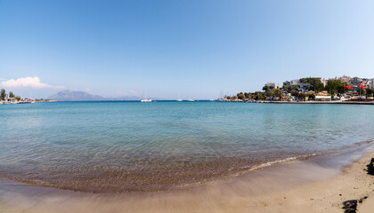 Beautiful seascape with clear blue water of Aegean sea. View from Kumluk beach. Datca town, province of Mugla, Turkey 