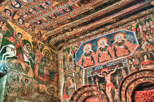Debre Birhan Selassie Church, Ancient wall paintings adorning the interior,  Gondar, Ethiopia