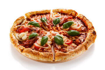 Pizza with ham, mozzarella, champignon, tomatoes and onion on white background
