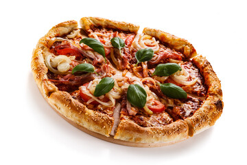 Pizza with ham, mozzarella, champignon, tomatoes and onion on white background
