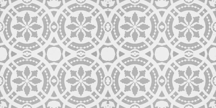 Fototapeta Gray grey white grunge seamless vintage retro tiles wallpaper geometric texture background, with circle, leaves motif print