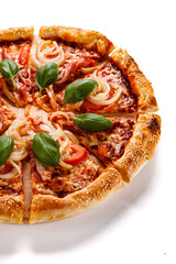 Pizza with ham, mozzarella, champignon, tomatoes and onion on white background
