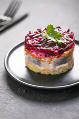 Shuba salad. Russian layered salad with beet, potato, carrot,  pickled herring and mayonnaise for Christmas dinner