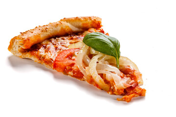 Slice of pizza with ham, mozzarella, champignon, tomatoes and onion on white background
