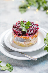 Shuba salad. Russian layered salad with beet, potato, carrot,  pickled herring and mayonnaise for Christmas dinner