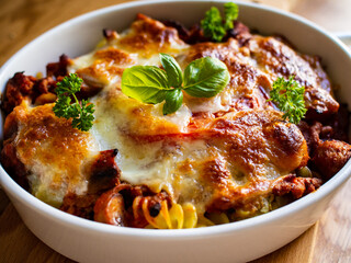 Pasta casserole with minced meat, mozzarella cheese and vegetables on wooden table
