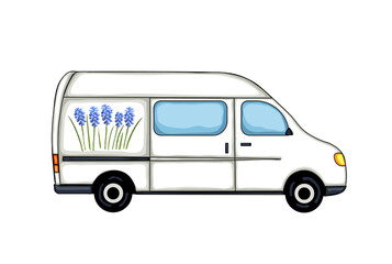 White van with picture of blue muscari flowers. Isolated on white background. Illustration. 