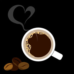 Cup of black coffee with steam and beans on a black background, top view.